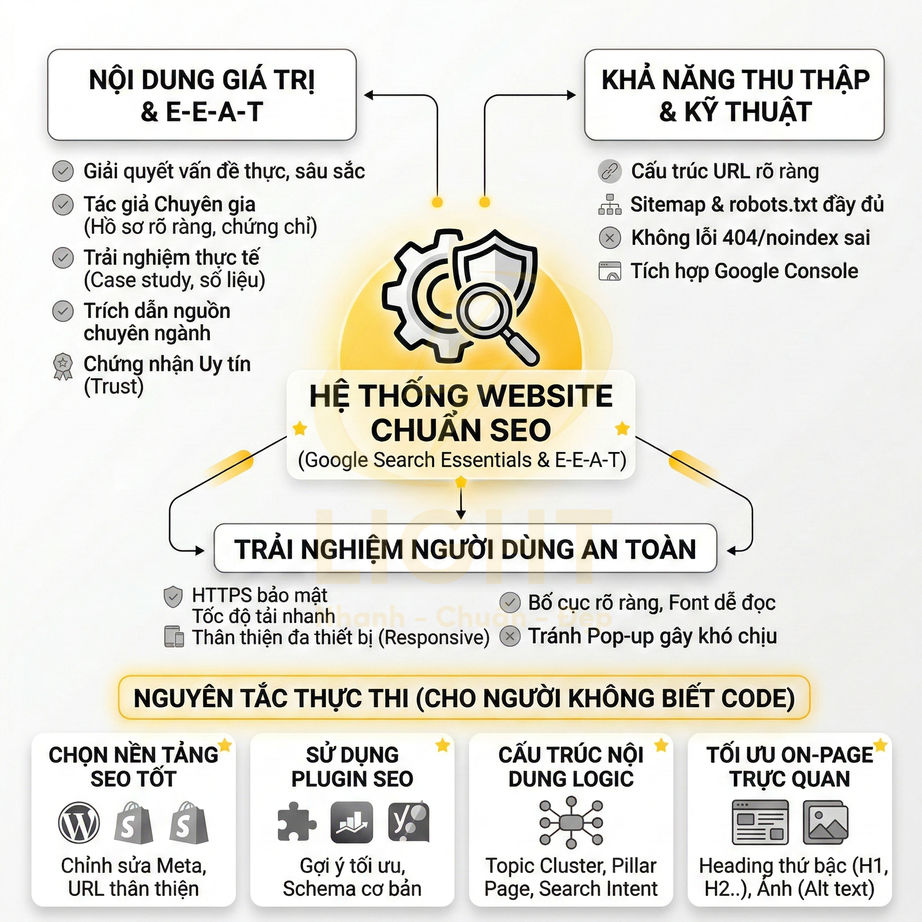Sơ đồ hệ thống website chuẩn SEO với nội dung giá trị, kỹ thuật thu thập, trải nghiệm an toàn và nguyên tắc tối ưu onpage