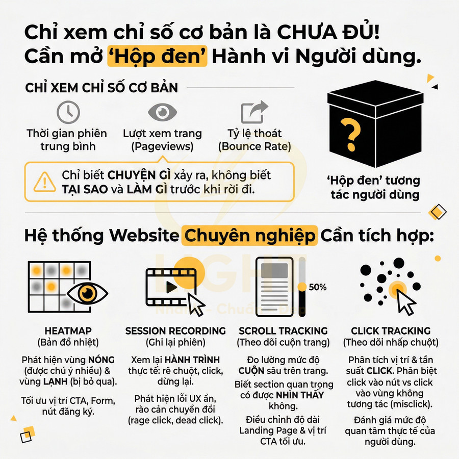 Infographic giới thiệu hệ thống phân tích hành vi người dùng website với heatmap, session recording, scroll tracking, click tracking