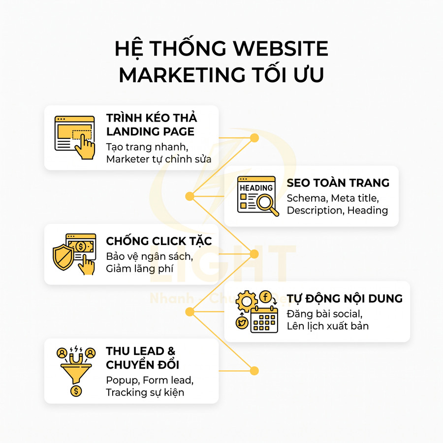 Mô tả hệ thống website marketing tối ưu với các tính năng landing page, chống click tặc, SEO, tự động nội dung, thu lead
