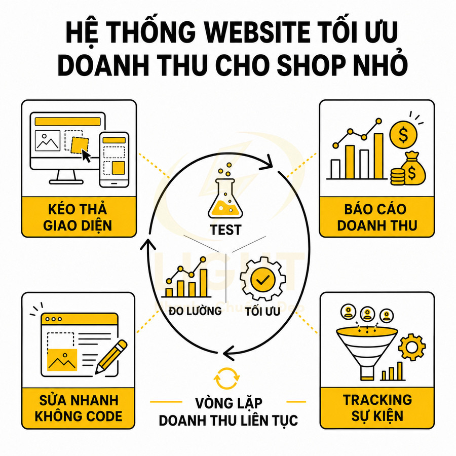 Hệ thống website tối ưu doanh thu cho shop nhỏ với kéo thả giao diện, báo cáo doanh thu, tracking sự kiện, đo lường và tối ưu