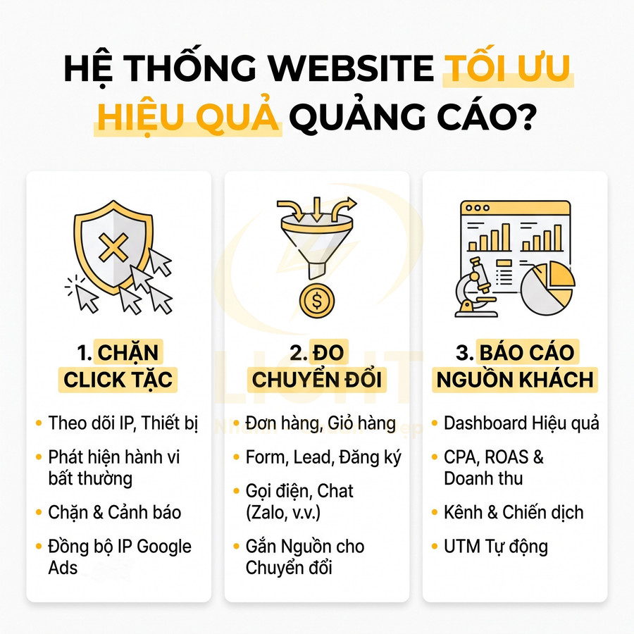 Hệ thống website tối ưu hiệu quả quảng cáo với chặn click tặc, đo chuyển đổi và báo cáo nguồn khách