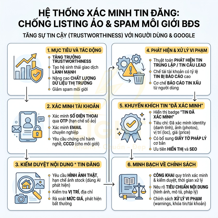 Infographic hệ thống xác minh tin đăng chống listing ảo và spam môi giới bất động sản, quy trình 6 bước rõ ràng