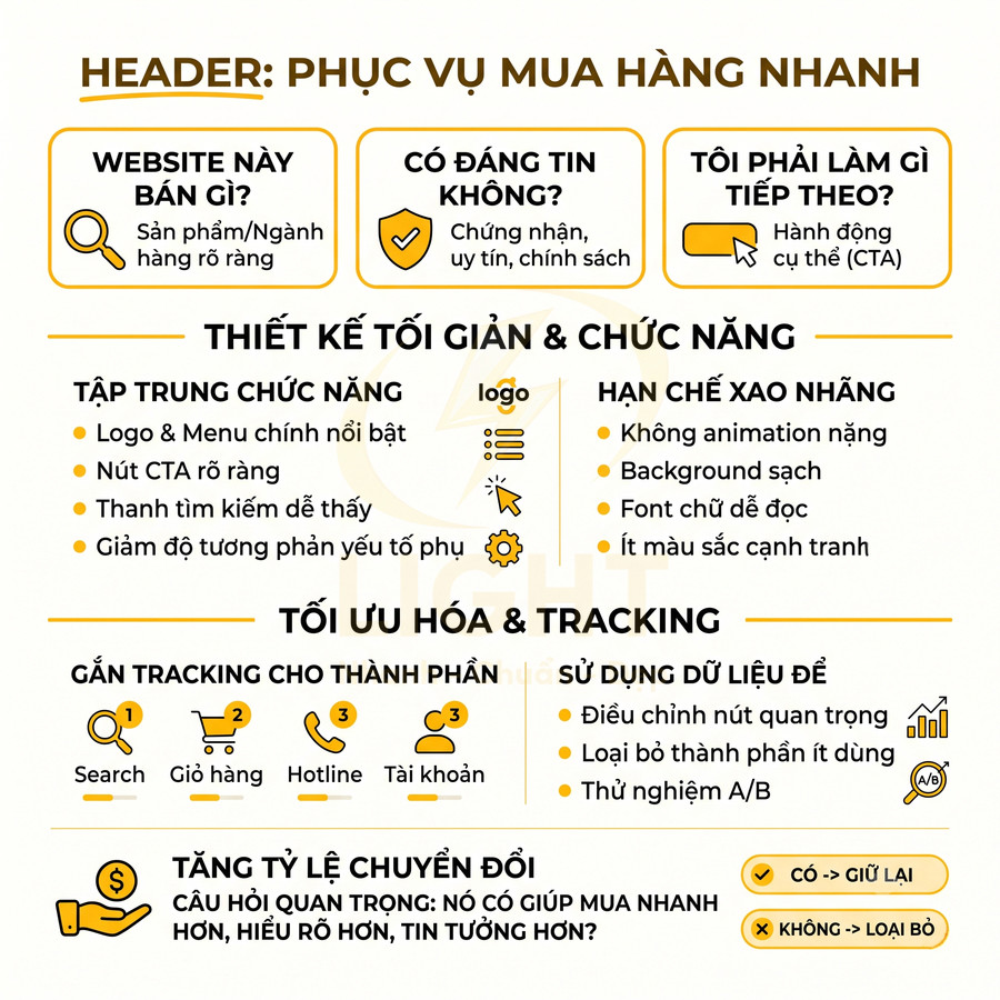 Infographic hướng dẫn tối ưu header website bán hàng để tăng chuyển đổi và trải nghiệm mua sắm nhanh