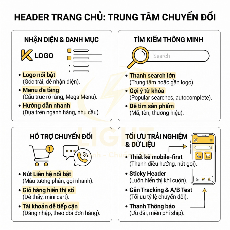Mô tả header trang chủ website với logo, menu, thanh tìm kiếm, giỏ hàng, nút liên hệ và giao diện mobile-first