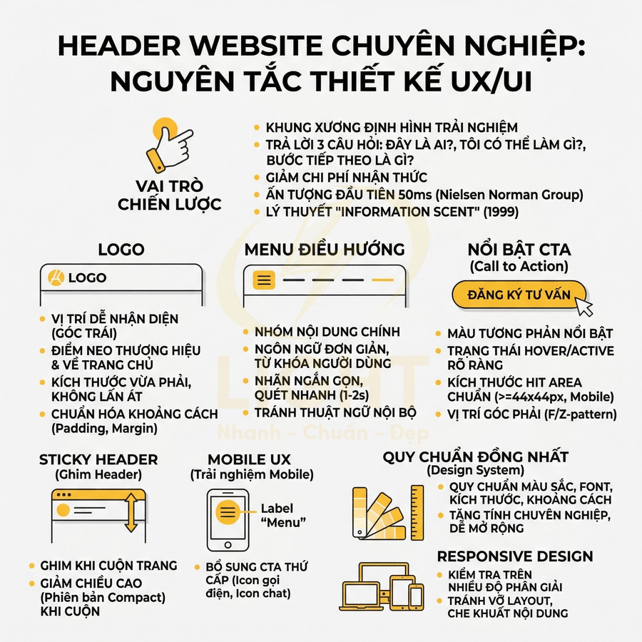 Infographic nguyên tắc thiết kế header website chuyên nghiệp với logo, menu điều hướng, CTA và hướng dẫn UX UI
