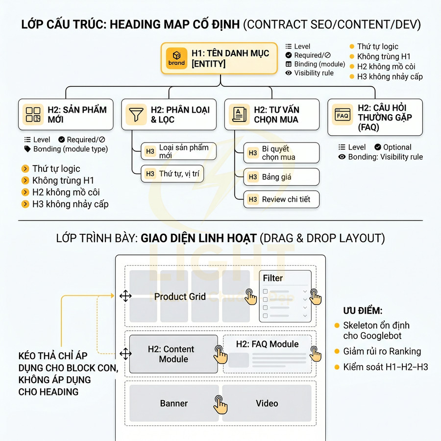 Sơ đồ heading map và layout kéo thả cho trang danh mục sản phẩm với các khối H1 H2 H3 và module nội dung FAQ