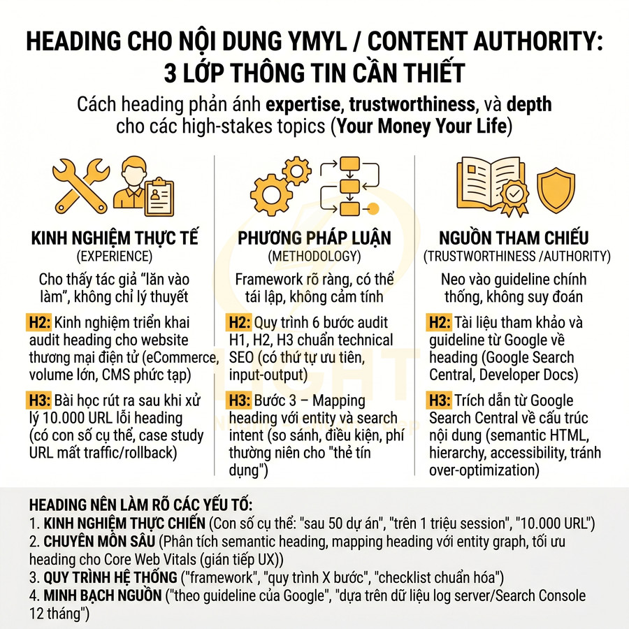 Infographic hướng dẫn viết heading chuẩn SEO cho nội dung YMYL với 3 lớp thông tin expertise methodology authority