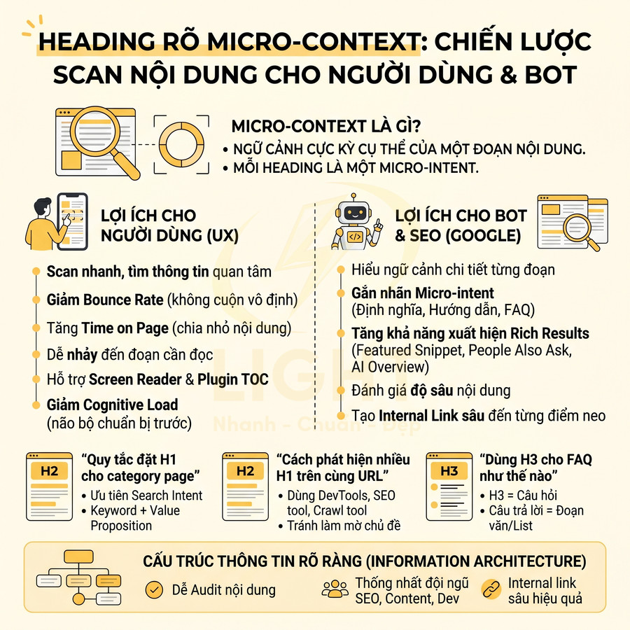 Infographic hướng dẫn tối ưu heading micro context để cải thiện UX và SEO cho người dùng và bot Google