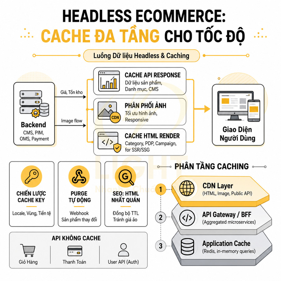 Sơ đồ kiến trúc headless ecommerce với cache đa tầng CDN, API và application cache tối ưu tốc độ tải trang