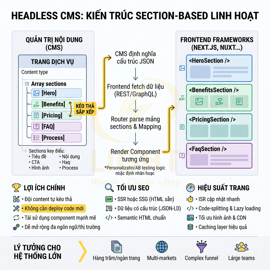 Mô hình kiến trúc headless CMS section-based linh hoạt với quy trình quản trị nội dung và render frontend