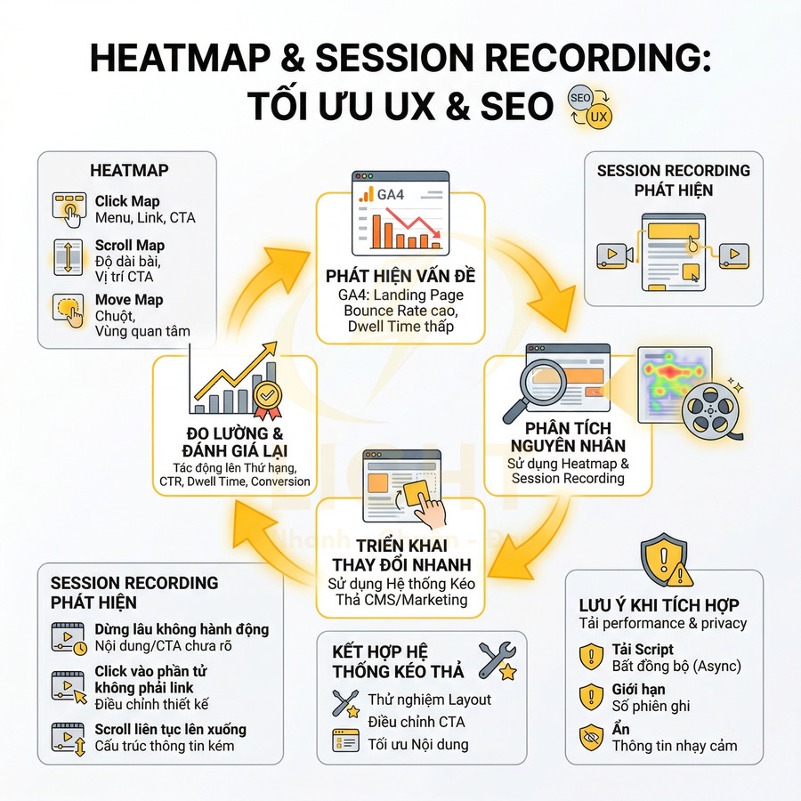 Quy trình tối ưu UX và SEO bằng heatmap và session recording, phân tích hành vi người dùng và cải thiện landing page