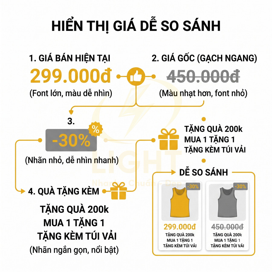 Hướng dẫn hiển thị giá khuyến mãi áo ba lỗ với giá hiện tại, giá gốc, phần trăm giảm và quà tặng kèm