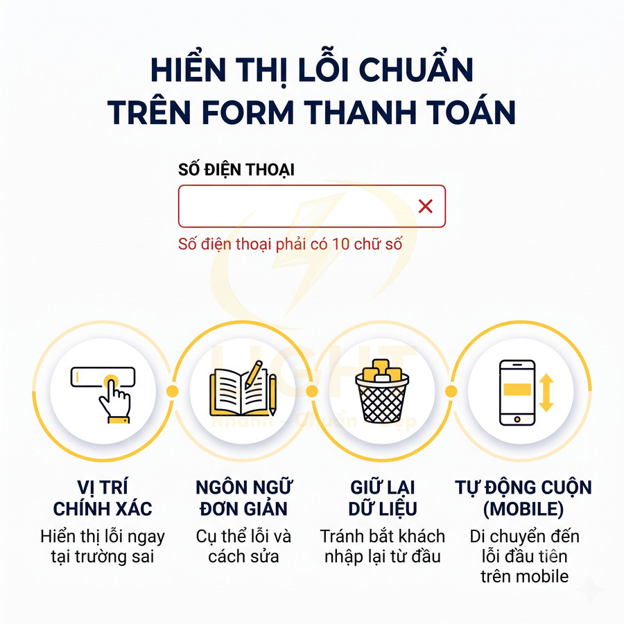 Hướng dẫn hiển thị lỗi chuẩn trên form thanh toán với ví dụ lỗi số điện thoại và các nguyên tắc UX kèm icon minh họa