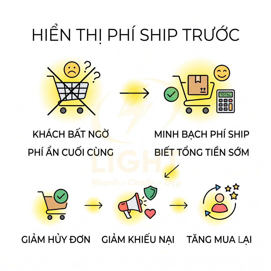 Minh họa lợi ích hiển thị phí ship trước giúp minh bạch chi phí, giảm hủy đơn và tăng mua lại trong bán hàng online
