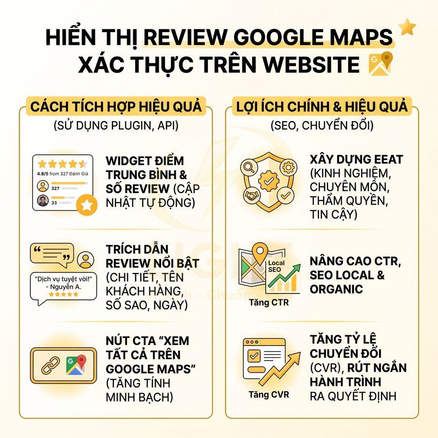 Infographic hướng dẫn tích hợp review Google Maps lên website và lợi ích cho SEO, tăng CTR, tăng chuyển đổi