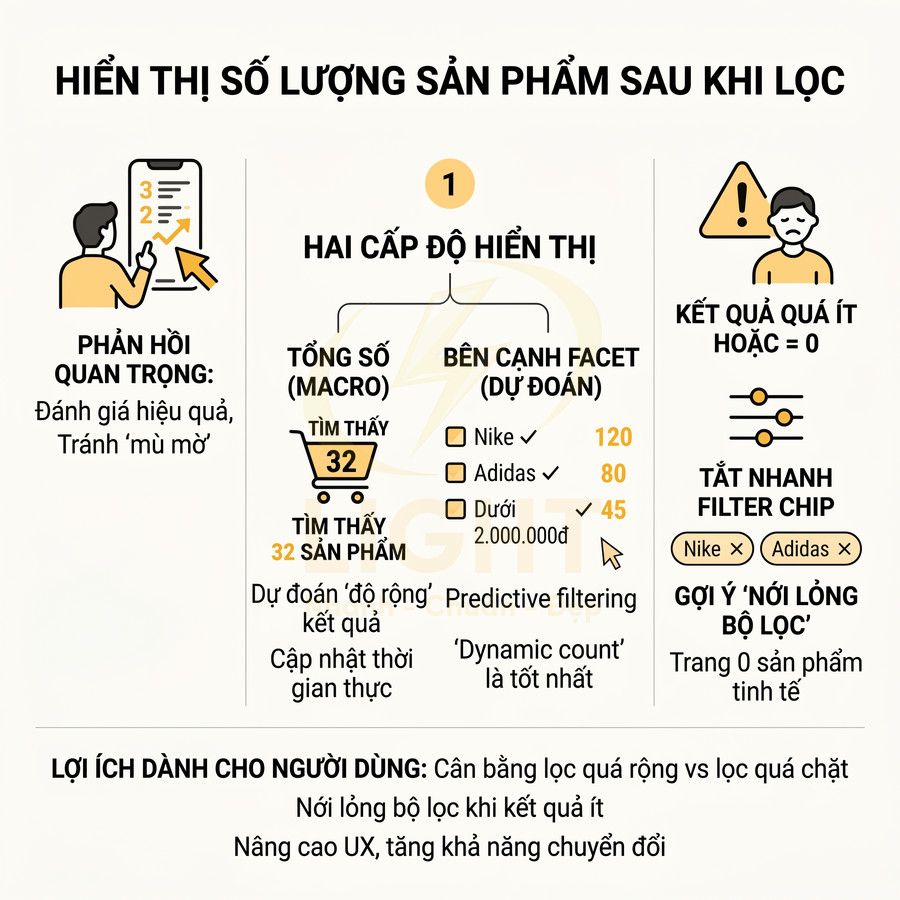 Infographic hiển thị số lượng sản phẩm sau khi lọc, ví dụ giày Nike Adidas và gợi ý nới lỏng bộ lọc