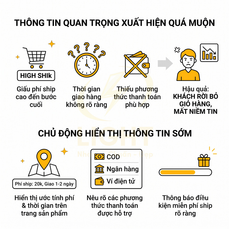 Infographic về hiển thị sớm phí ship, thời gian giao hàng và phương thức thanh toán để giảm bỏ giỏ hàng trong ecommerce