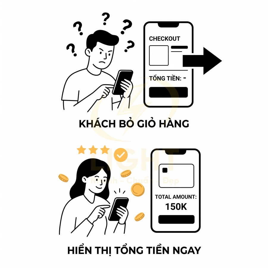Minh họa khách mua sắm trên điện thoại, so sánh bỏ giỏ hàng và hiển thị tổng tiền rõ ràng 150K