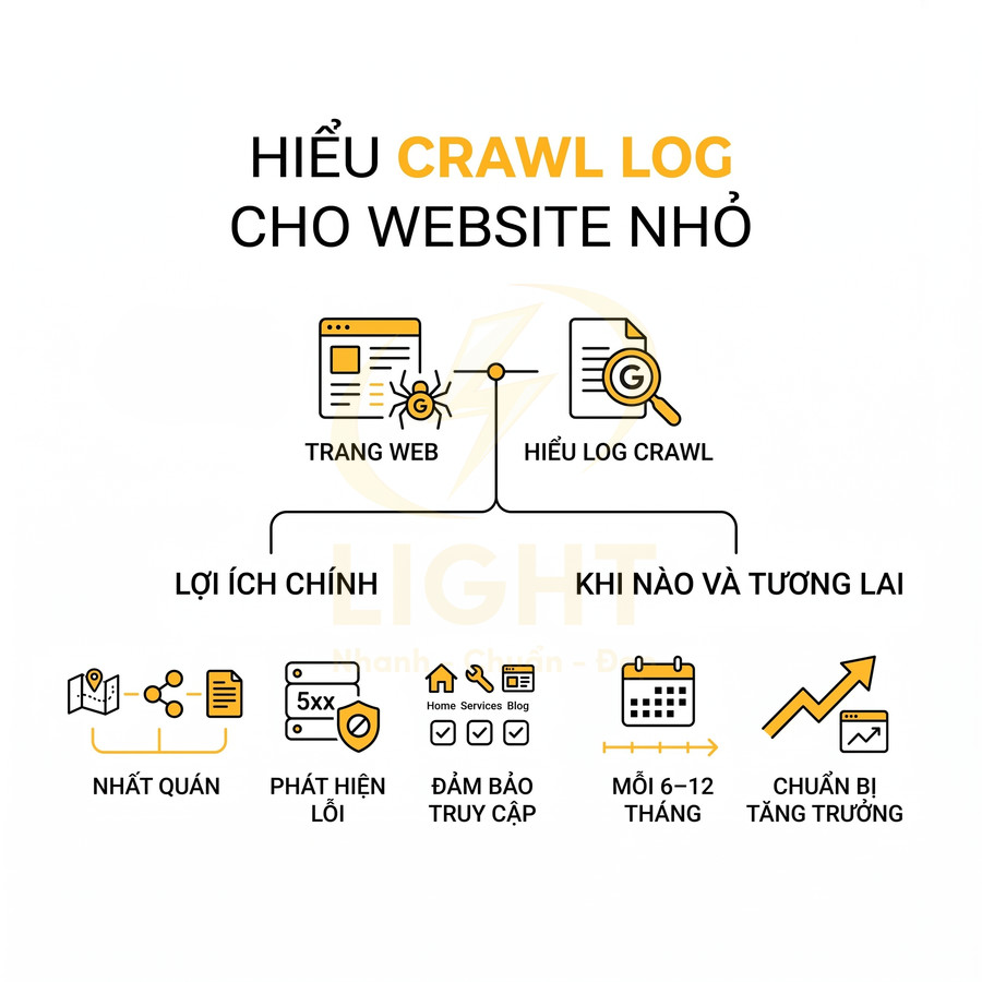 Hình minh họa lợi ích phân tích crawl log cho website nhỏ trong SEO, phát hiện lỗi và chuẩn bị tăng trưởng