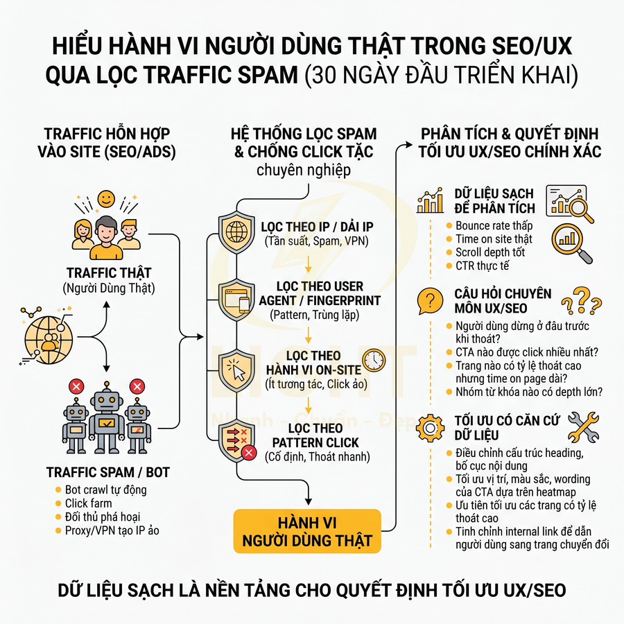Infographic quy trình lọc traffic spam để phân tích hành vi người dùng thật và tối ưu UX SEO trong 30 ngày đầu triển khai