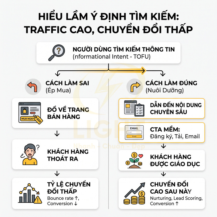 Infographic so sánh cách xử lý traffic SEO: ép mua dẫn tới chuyển đổi thấp và nuôi dưỡng nội dung giúp chuyển đổi cao