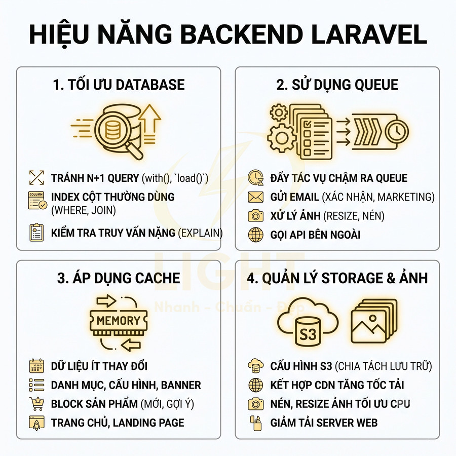 Infographic các bước tối ưu hiệu năng backend Laravel: tối ưu database, dùng queue, áp dụng cache, quản lý storage và ảnh