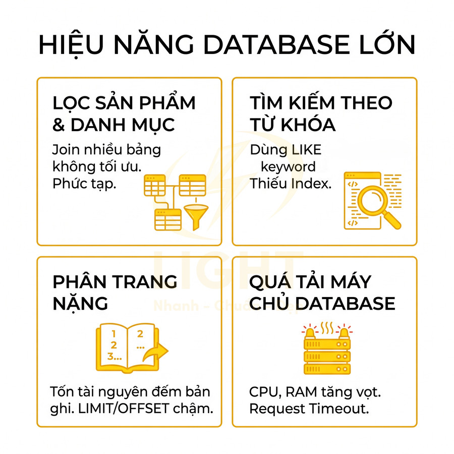 Mô tả các vấn đề hiệu năng database lớn khi lọc sản phẩm, tìm kiếm từ khóa, phân trang và quá tải máy chủ