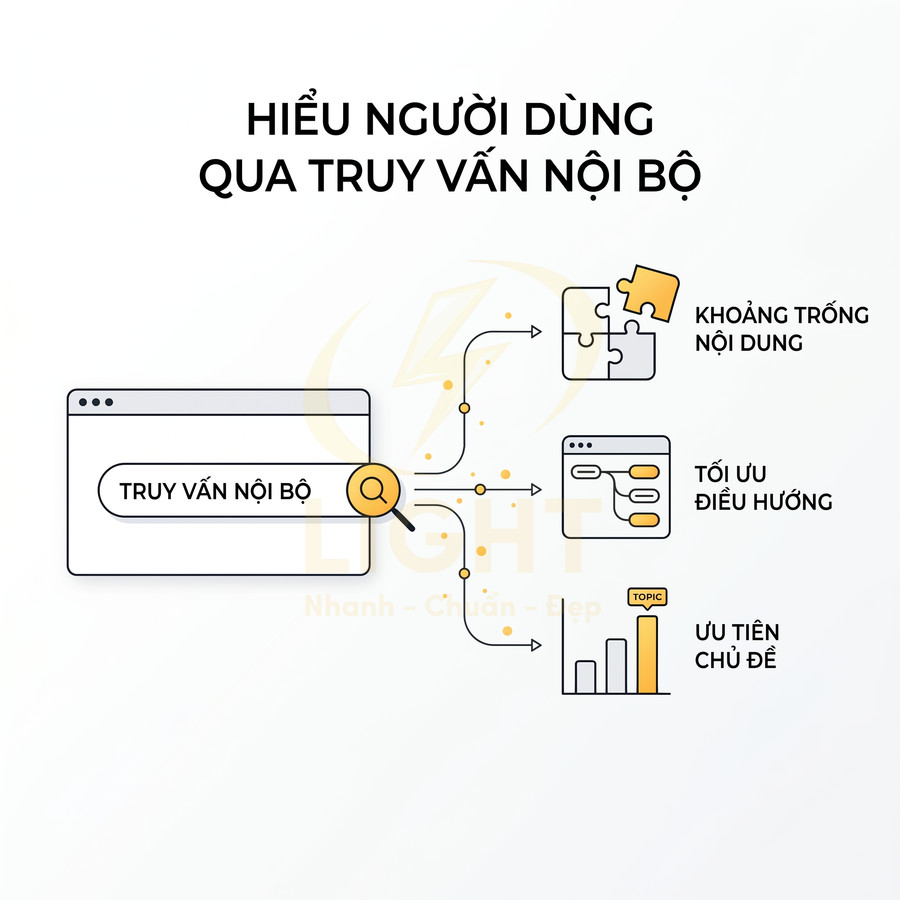 Minh họa lợi ích truy vấn nội bộ website giúp tìm khoảng trống nội dung tối ưu điều hướng và ưu tiên chủ đề