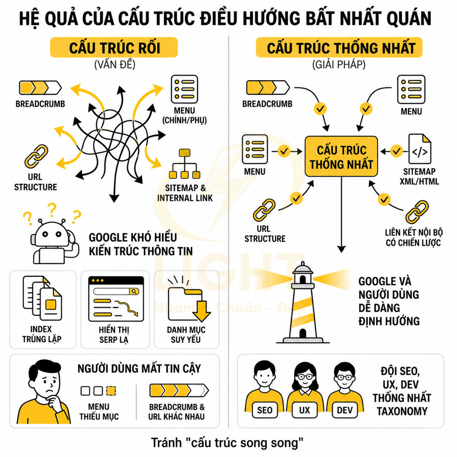 So sánh cấu trúc điều hướng rối và cấu trúc thống nhất giúp Google và người dùng dễ định hướng website