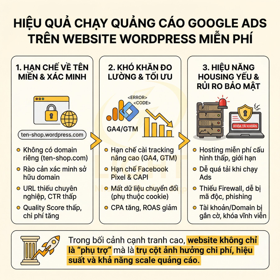 Nhược điểm chạy quảng cáo Google Ads trên website WordPress miễn phí về tên miền, tracking, hosting và bảo mật