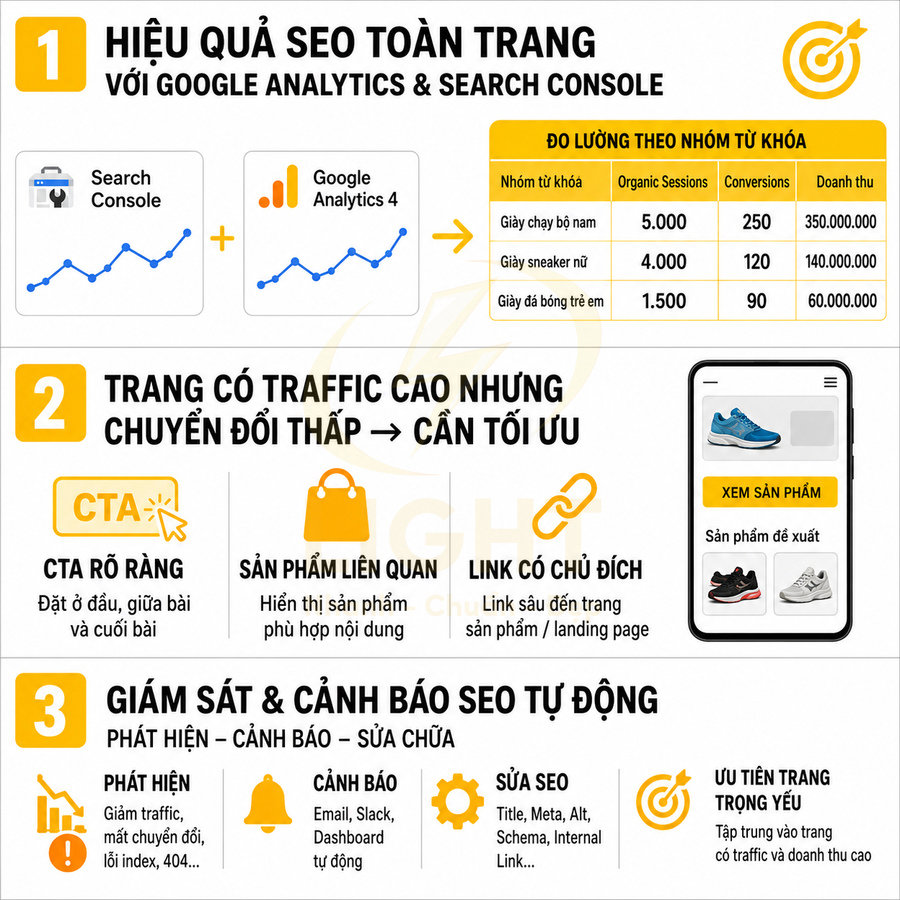 Infographic hướng dẫn tối ưu SEO website với Google Analytics, Search Console và gợi ý tăng chuyển đổi trang sản phẩm