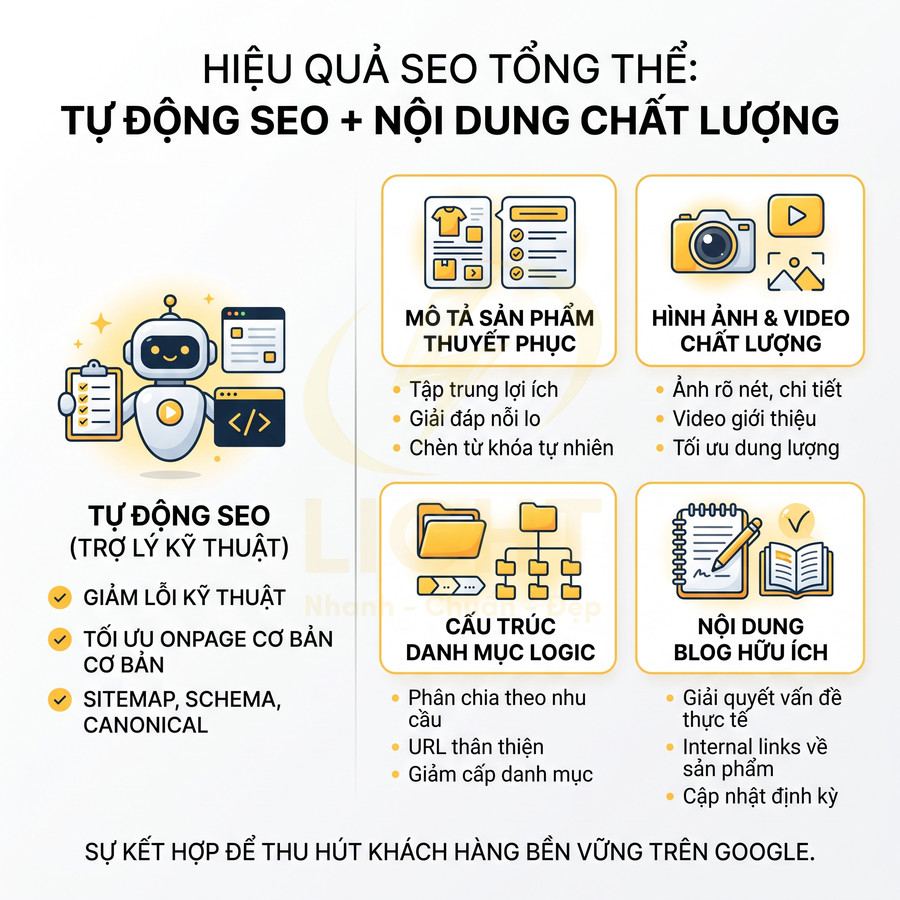 Minh họa quy trình tự động SEO và nội dung chất lượng với trợ lý robot, mô tả sản phẩm, hình ảnh video và blog hữu ích