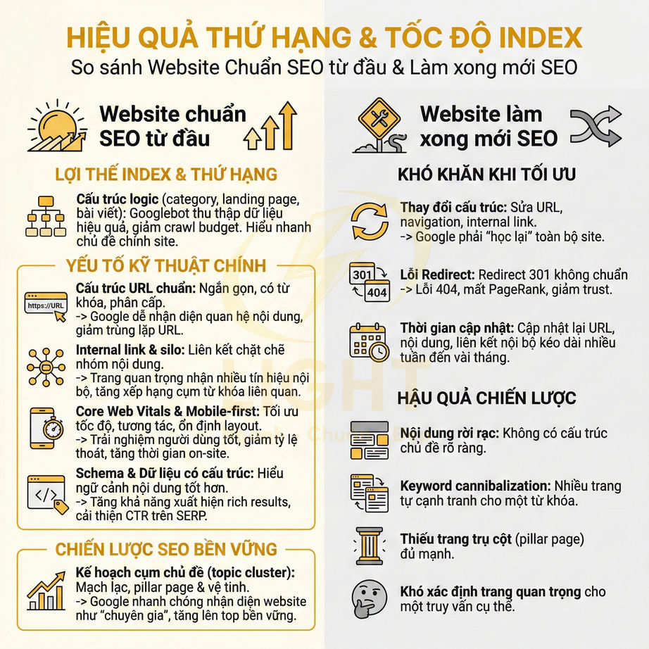 So sánh hiệu quả SEO giữa website chuẩn SEO từ đầu và website làm xong mới tối ưu SEO