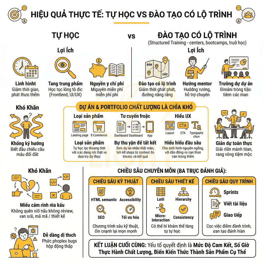 Infographic so sánh hiệu quả tự học và đào tạo có lộ trình trong ngành thiết kế và lập trình web