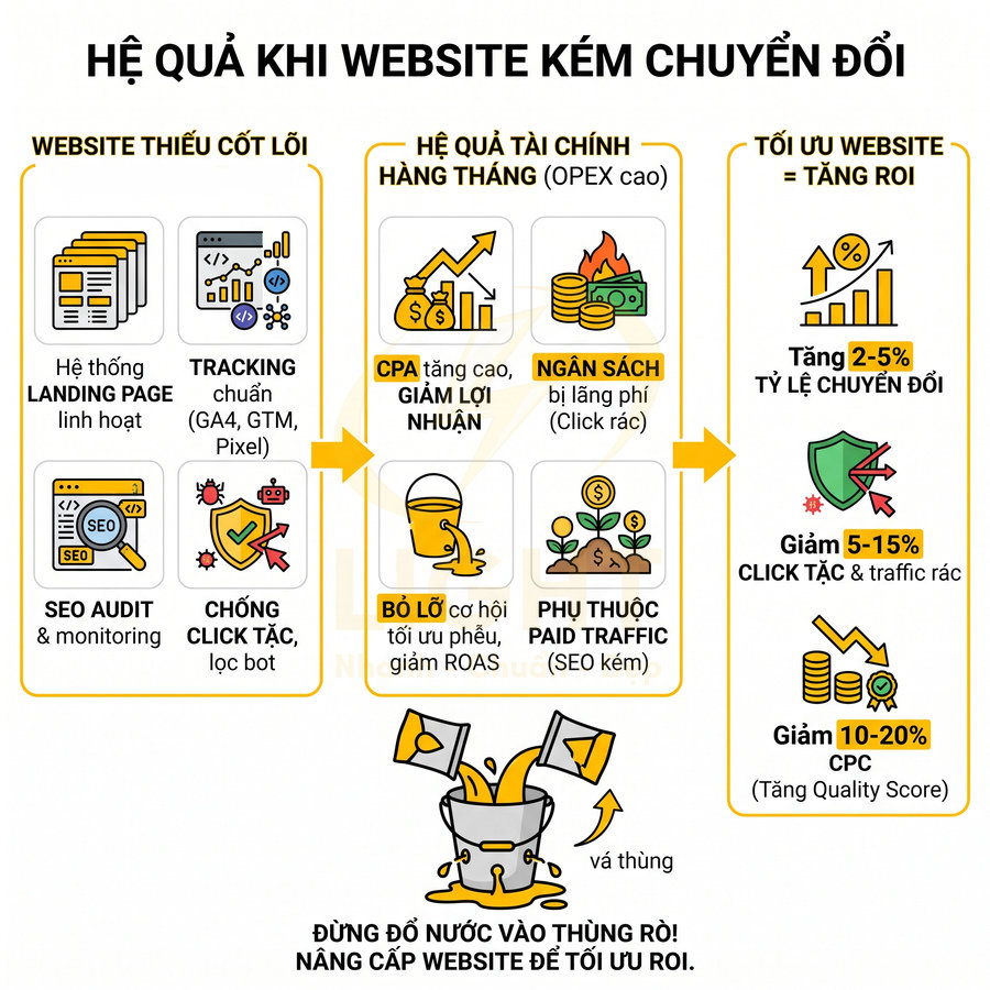 Infographic hệ quả website kém chuyển đổi và lợi ích tối ưu website để tăng ROI, giảm chi phí quảng cáo