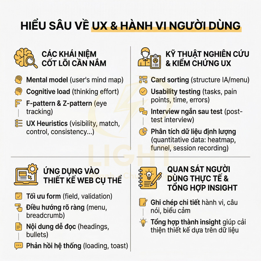 Infographic kiến thức UX và hành vi người dùng, các khái niệm cốt lõi, kỹ thuật nghiên cứu và ứng dụng vào thiết kế web