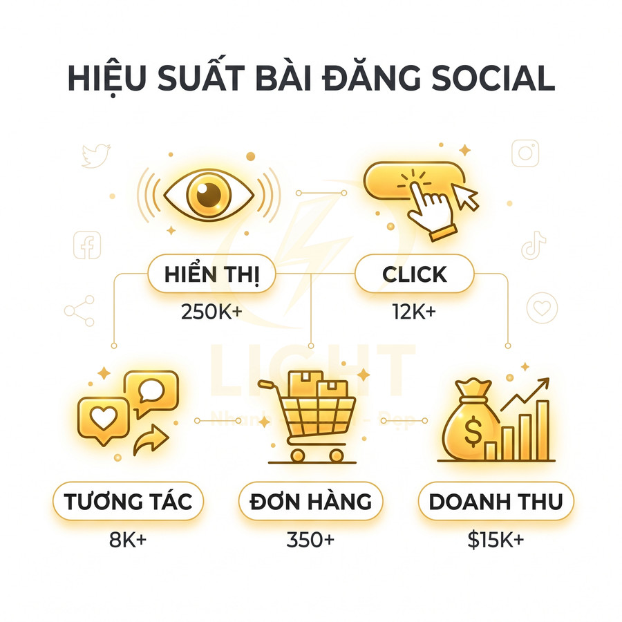 Hiệu suất bài đăng social với số liệu hiển thị 250K click 12K tương tác 8K đơn hàng 350 doanh thu 15K đô la