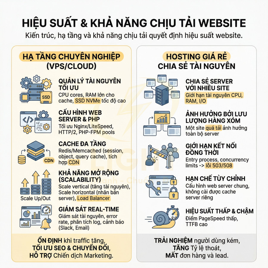 So sánh hạ tầng VPS cloud chuyên nghiệp và hosting giá rẻ chia sẻ tài nguyên về hiệu suất website