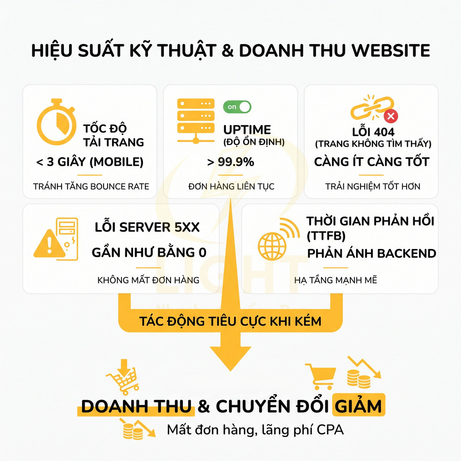 Infographic hiệu suất kỹ thuật website ảnh hưởng doanh thu với tốc độ tải trang, uptime, lỗi 404, lỗi server và thời gian phản hồi