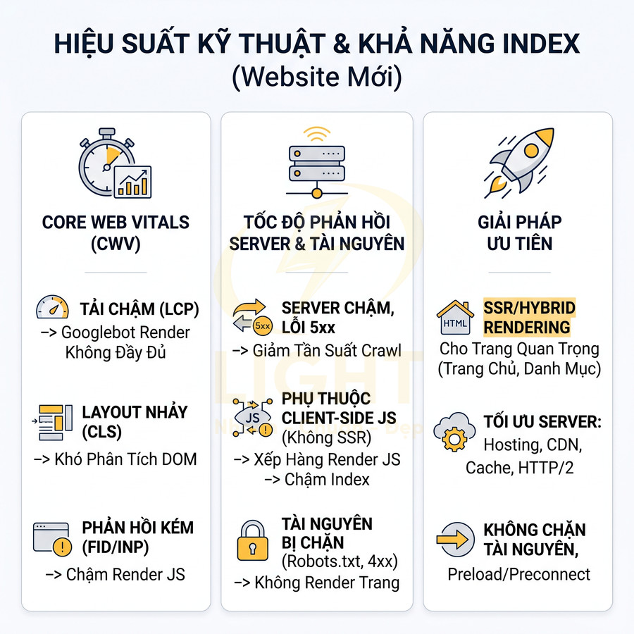 Infographic hiệu suất kỹ thuật và khả năng index website mới với Core Web Vitals, tốc độ server và giải pháp SSR rendering