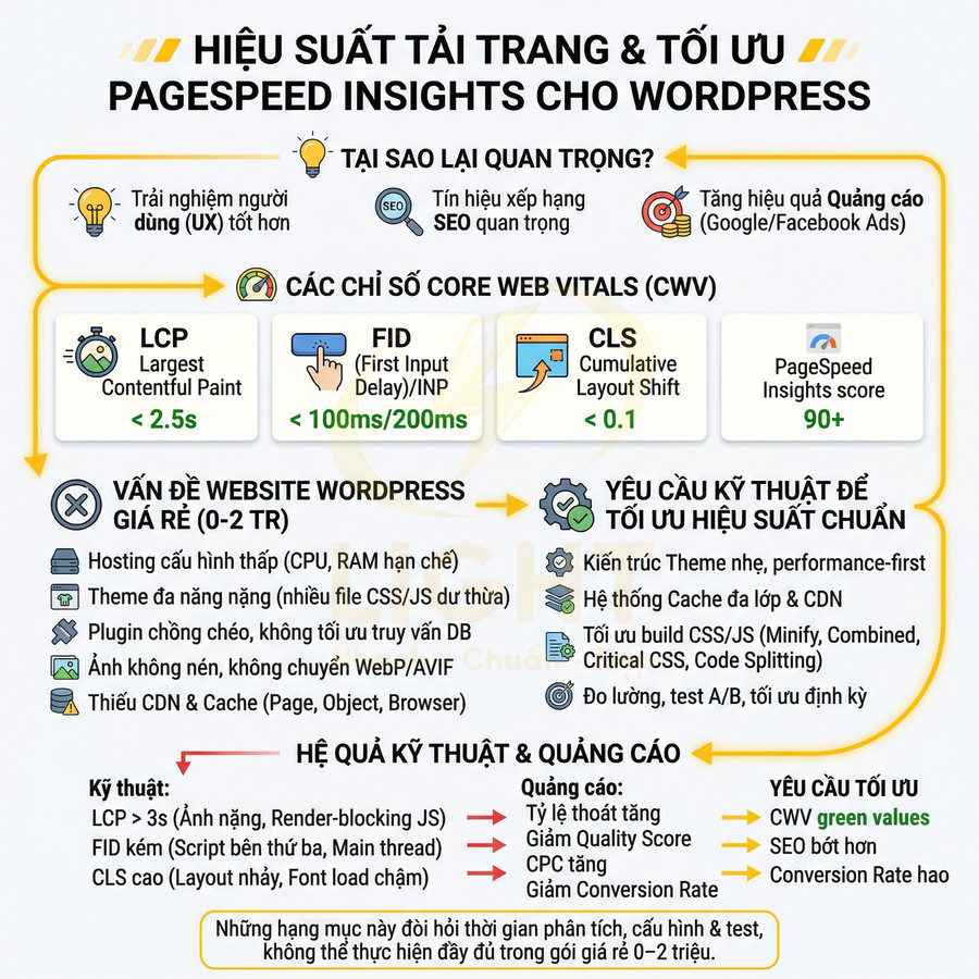 Infographic tối ưu hiệu suất tải trang và PageSpeed Insights cho website WordPress, giải thích Core Web Vitals và yêu cầu kỹ thuật