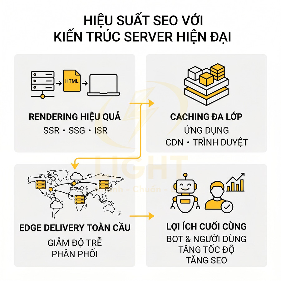 Hiệu suất SEO với kiến trúc server hiện đại gồm rendering hiệu quả, caching đa lớp, edge delivery và lợi ích cho bot người dùng