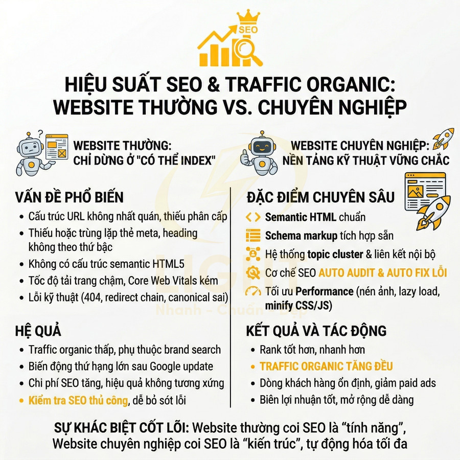 Infographic so sánh hiệu suất SEO và traffic organic giữa website thường và website chuyên nghiệp