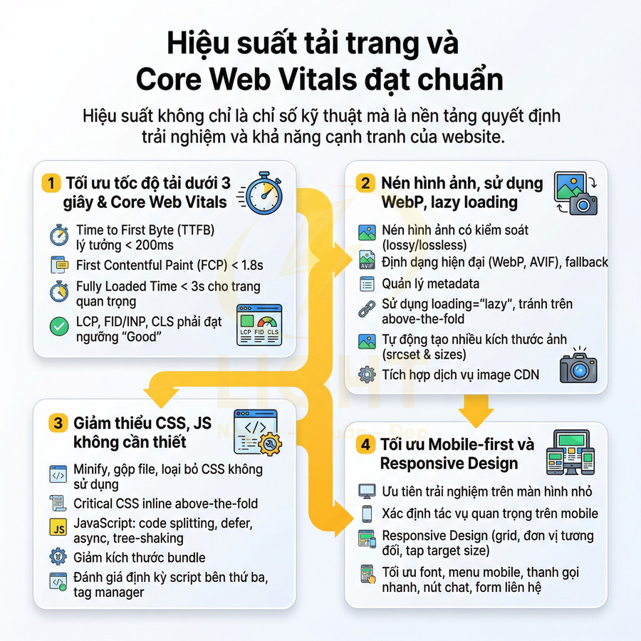 Infographic tối ưu hiệu suất tải trang và Core Web Vitals cho website chuyên nghiệp, tập trung tốc độ, hình ảnh, CSS JS, mobile-first
