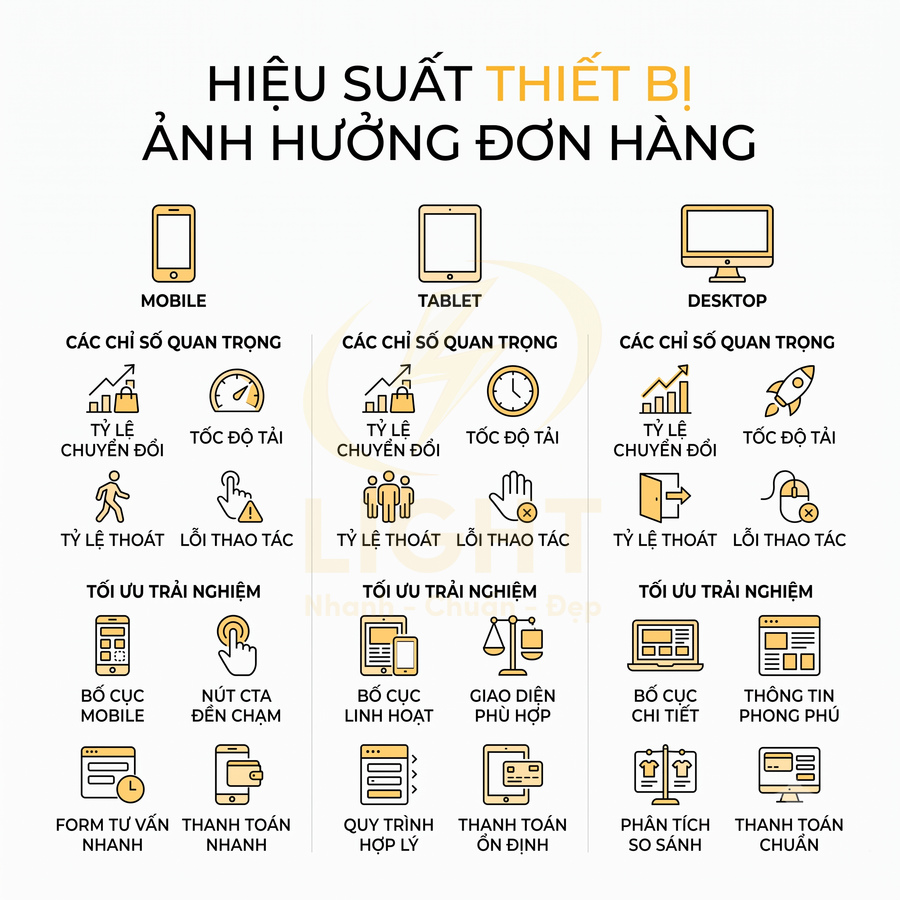 Hiệu suất thiết bị mobile tablet desktop ảnh hưởng đơn hàng và các chỉ số tối ưu trải nghiệm mua sắm online