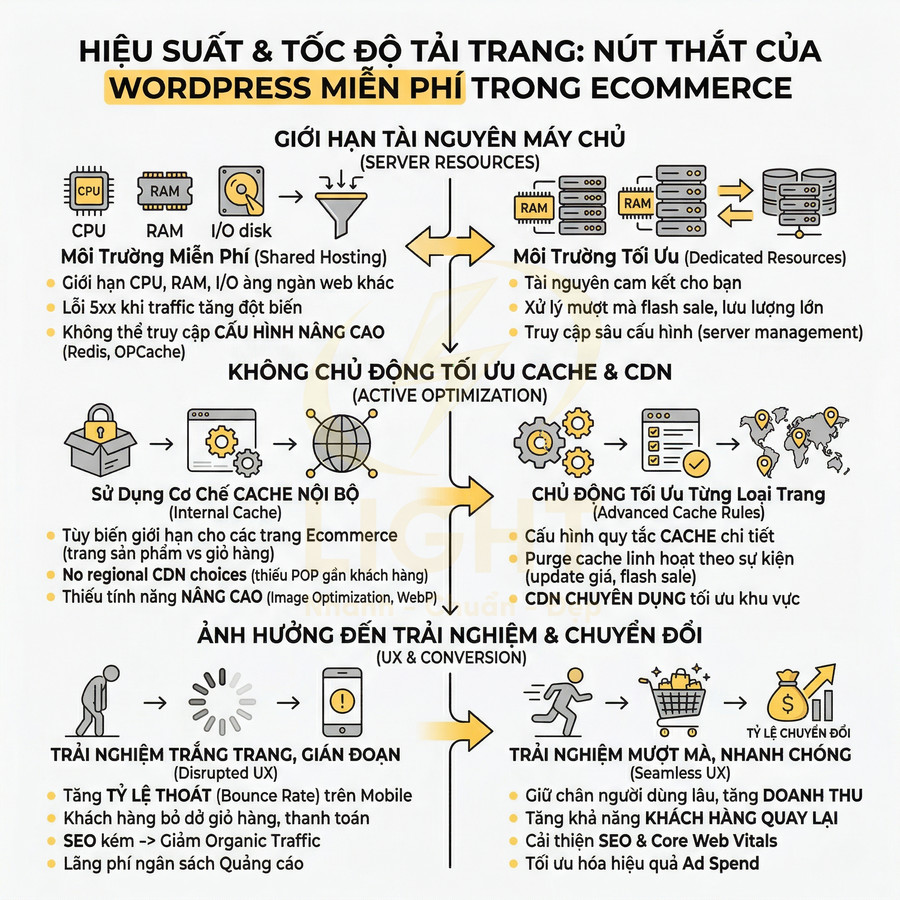 Infographic so sánh hiệu suất và tốc độ tải trang của website WordPress miễn phí trong ecommerce