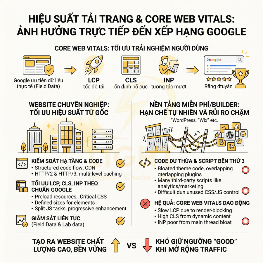 Infographic về hiệu suất tải trang và Core Web Vitals ảnh hưởng đến xếp hạng Google và tối ưu website