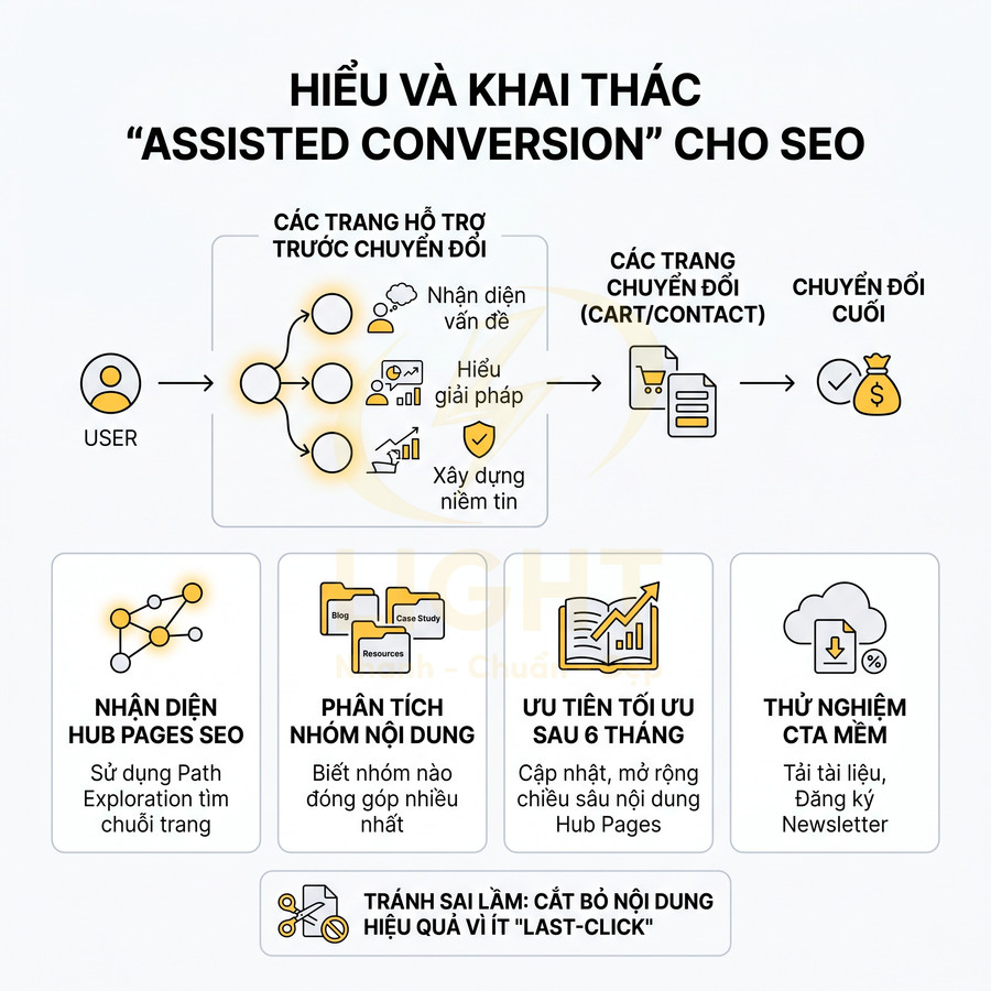 Sơ đồ quy trình assisted conversion trong SEO từ trang hỗ trợ đến trang chuyển đổi và các bước tối ưu nội dung