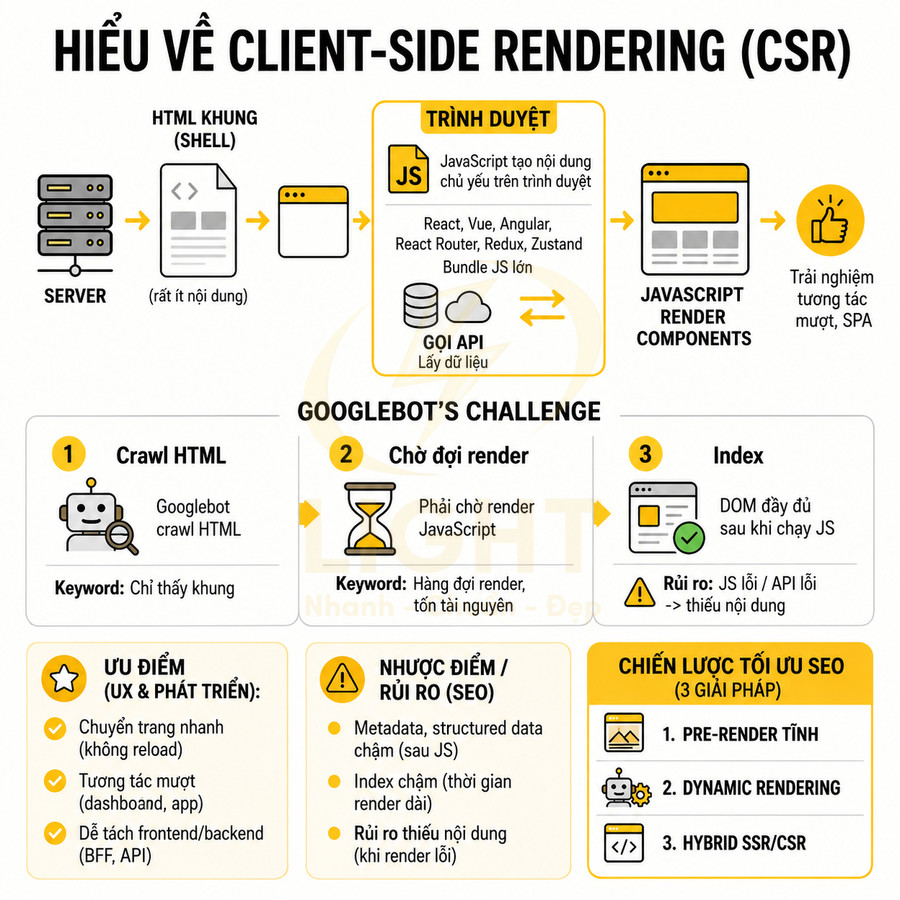 Sơ đồ giải thích client side rendering CSR, quy trình Googlebot crawl HTML, ưu nhược điểm và chiến lược tối ưu SEO
