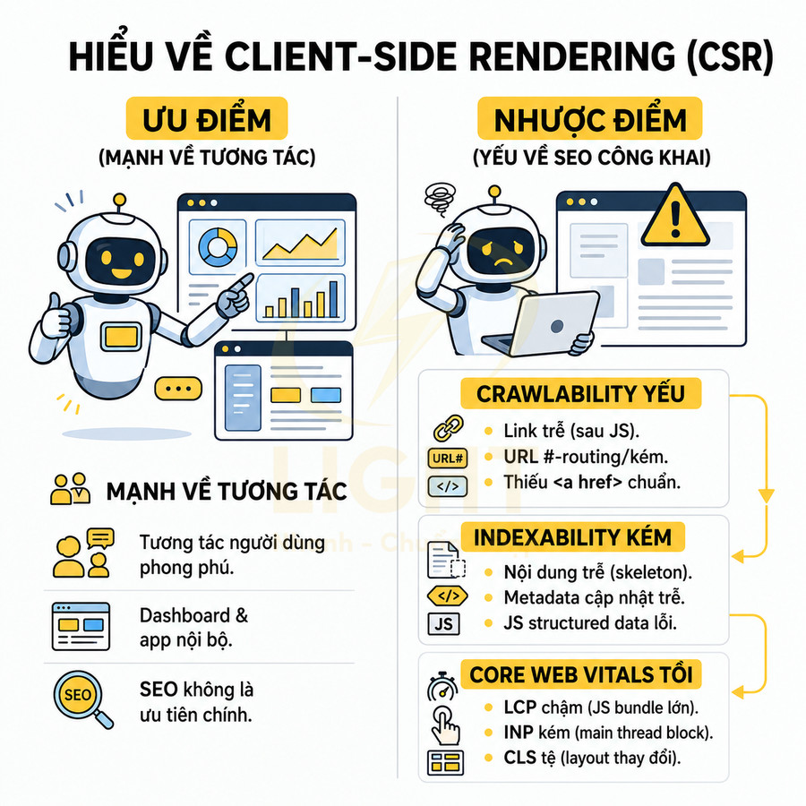 Minh họa robot giải thích ưu nhược điểm client side rendering CSR cho tương tác người dùng và SEO